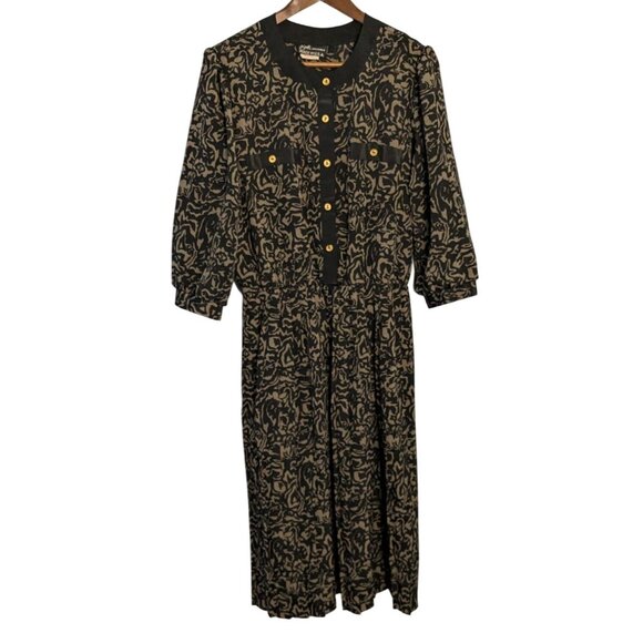 Vintage Breli Originals Blk Tan Patterned Dress Button-Front Midi Gold Buttons - Picture 1 of 15